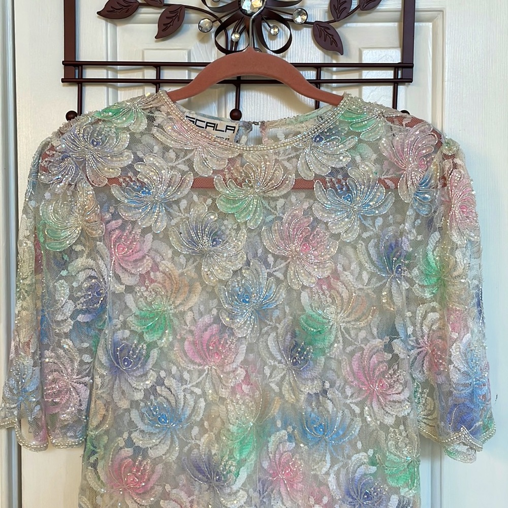 Scala Vintage Multicolor Pastel Embellished & Beaded Top